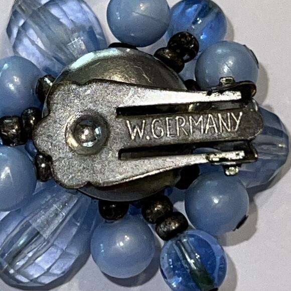 Vtg West Germany Clip On Earrings - Light Ice Blue Costume Cluster Faceted Beads - Picture 2 of 6